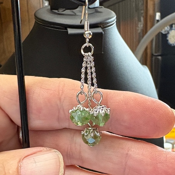 Chic Silver Tone and Green AB Crystal Drop Earrings - Picture 2 of 3